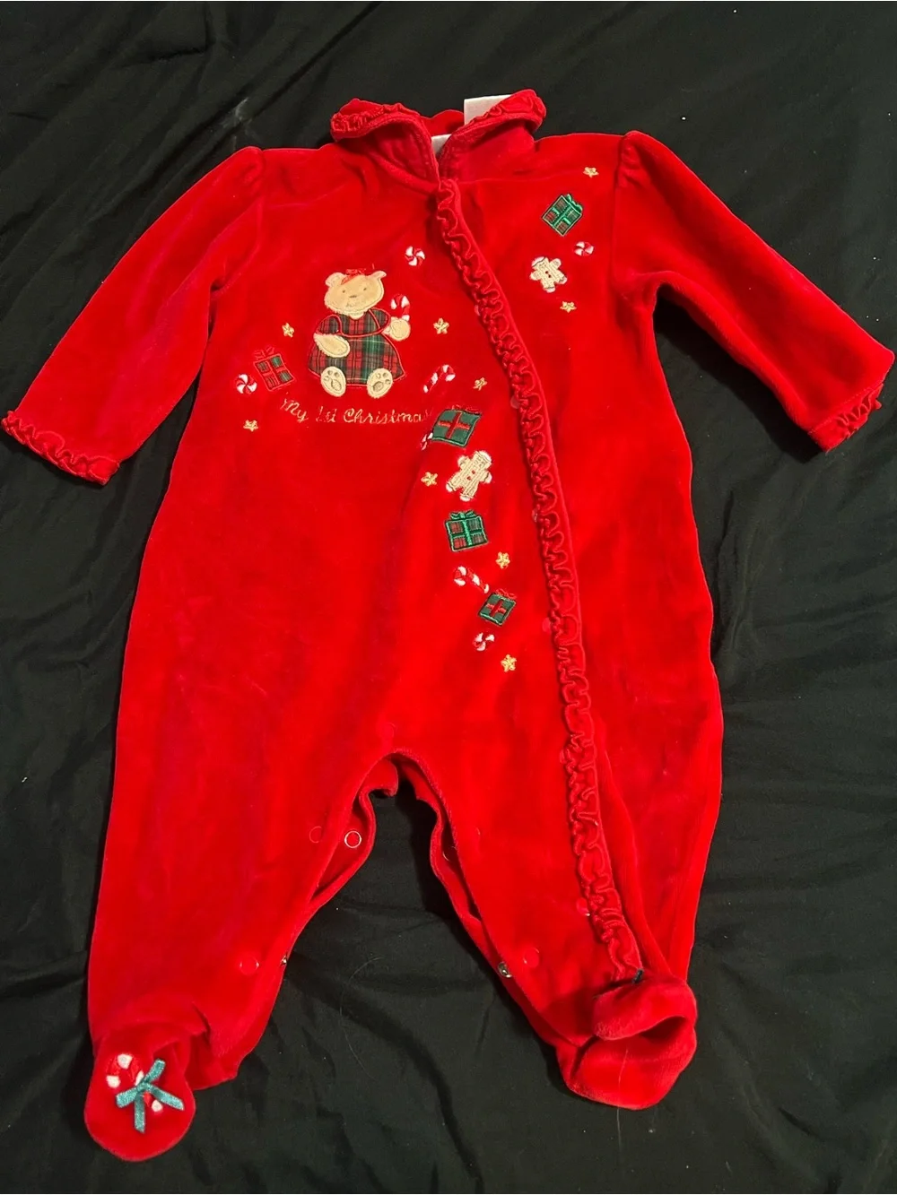 y2k 2003 Baby Red Christmas Bear Footed One-Piece